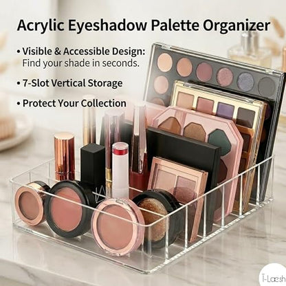 i-laesh 7-Slot Acrylic Makeup Palette Organizer - Clear Makeup Organizer 0.98" Wide Slots, Eyeshadow Holder for Vanity Drawer, Fits Thick Palettes, Blushes, CDs, Anime Badges & Craft Paints