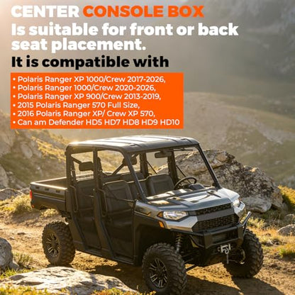UTV Center Console Between Seat Organizer for Polaris Ranger 1000/XP/Crew 2017-2026, for Ranger XP 900/Crew 2013-2019 Seat Armrest Storage Box with Phone Holder& Dual Cup Holders with Locking - size: UTV Center Console