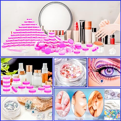 100 Pcs 3g Empty Plastic Containers with Lids,Tiny Makeup Sample Containers, Small Pot Jars Pink Round Cosmetic Jars with 20 Pcs Mini Spatulas for Liquid Sample Powder Creams (Pink Lid) - color: Pink, size: 100PCS