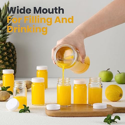 25 Pack 2 oz Glass Shot Bottles w/ White Lids & 25 Labels - Small Clear Jar for Ginger, Wellness Shot, Juice, Sample, Whiskey - Travel Essentials Mini Bottles - Wide Mouth, Leakproof, Dishwasher Safe - color: White Lid, size: 25 Pack