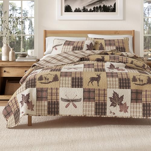 Great Bay Home Lodge Quilt Set - 3-Piece Full/Queen Size Rustic Bedding Set - Lightweight, All-Season, Reversible Bedspread (Deer & Leaf Patchwork) - color: Deer & Leaf Patchwork, size: Full / Queen
