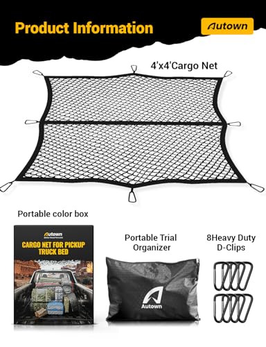 AUTOWN Cargo Net for Pickup Truck Bed - Stretchable 4'x4' to 7'x7', High Elastic Fine Mesh 1''x1'' with 8 Metal Carabiners - Ideal for ATV, SUV, UTV, Truck and Boat Use (Single Layer) - size: Single Layer