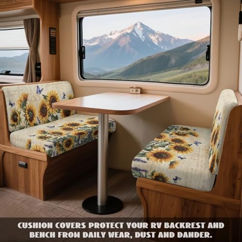 Butterfly Sunflower Pattern 2 Pack RV Dinette Cushion Covers Breathable Camper Cushion Slipcover Replacement Non-Slip Furniture Protector for RV Camper Car Bench - color: Butterfly Sunflower