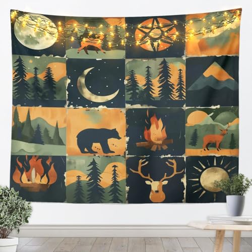 jejeloiu Camper Tapestry Western Cabin Wall Art for Living Room Bedroom Patchwork Wall Hanging Blanket Rustic Country Farmhouse Home Decor Medium 59"x59" - color: Green Brown, size: Medium