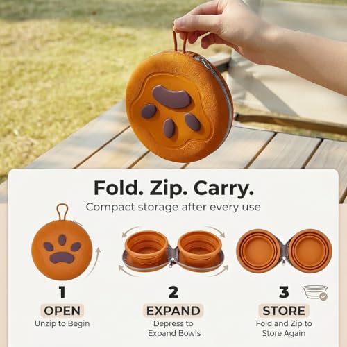 Collapsible Dual Pet Travel Bowls with Zipper Case, Portable Silicone Food and Water Set for Dogs and Cats, Hanging Loop for Walks, Hiking, Camping, Road Trips