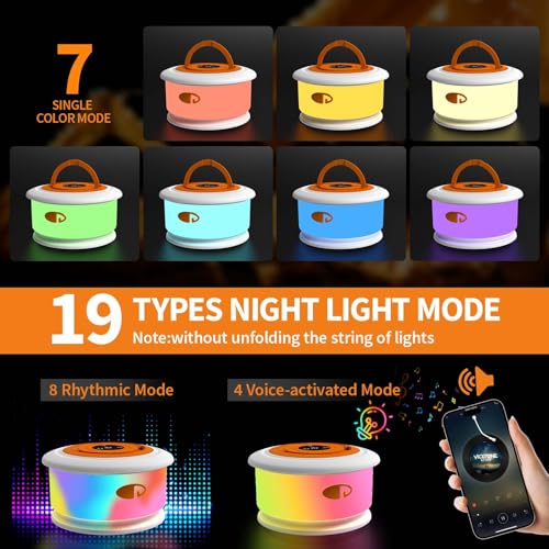 TOHETO Camping String Lights, 3 in 1 Upgraded Retractable RGB Outdoor String Lights with 19 Lighting Modes,Quick 30s Recovery, 32.8 FT Portable Tent Lights, Rechargeable Camping Lantern (White&Orange) - style: White&Orange