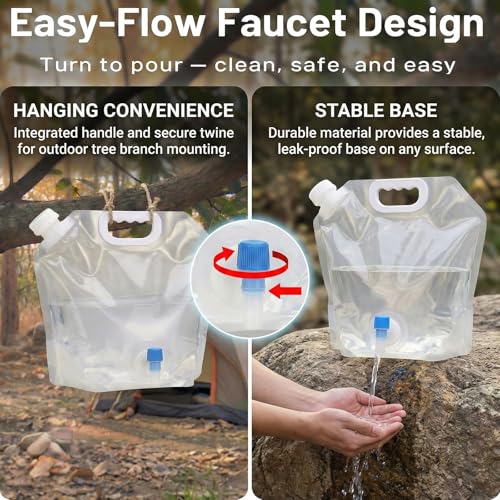 6 Pack 1.3 Gal (5L) Collapsible Water Containers with Spigot & Top Fill Cap, Dual Opening BPA Free PE Water Jug, Leak-Proof Storage Bag for Camping, Hiking and Outdoor Use, Portable & Foldable