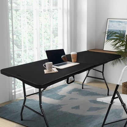 pollilar Folding Table 6FT HDPE 6 Foot Foldable Table Portable Banquet Surface Fold-in-Half Desk Utility for Working Meeting Parties, Picnic, Camping, Weddings, Catering, Garden Dining-Black - color: Black