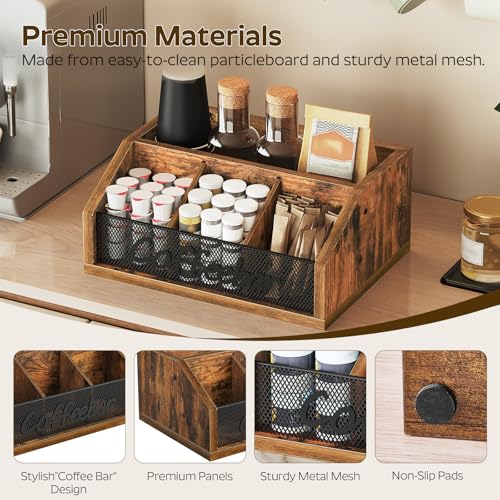 YATINEY Coffee Pod Organizer, Wooden Coffee Bar Organizer for Countertop, Versatile Pod Holder with Dividers, Holds Syrup, Cups, Tea Bags, Easy Assembly, Rustic Brown KH11BR - color: Rustic Brown + Black