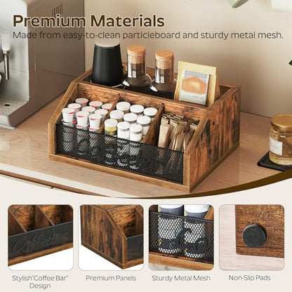YATINEY Coffee Pod Organizer, Wooden Coffee Bar Organizer for Countertop, Versatile Pod Holder with Dividers, Holds Syrup, Cups, Tea Bags, Easy Assembly, Rustic Brown KH11BR - color: Rustic Brown + Black