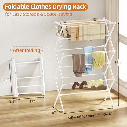 Drying Rack Clothing, 3-Tier Clothes Drying Rack Foldable, Antirust Laundry Drying Rack Collapsible Use for Indoor & Outdoor, 11.8" D x 34.6" W x 35.4" H, White - color: White