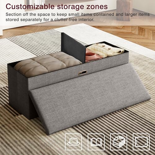 VECELO 43'' Folding Storage Ottoman Bench, End of Bed Linen Fabric Foot Rest Stool with Padded Seat, Large Footstools for Bedroom, Living Room, Load 660 lb, Grey