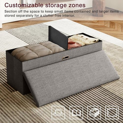 VECELO 43'' Folding Storage Ottoman Bench, End of Bed Linen Fabric Foot Rest Stool with Padded Seat, Large Footstools for Bedroom, Living Room, Load 660 lb, Grey