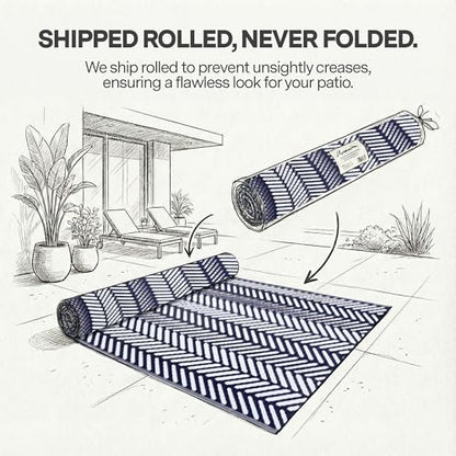 FH Home Outdoor Rug - Waterproof, Fade Resistant, Reversible - Premium Recycled Plastic - Herringbone - Large Patio, Deck, Sunroom, Camping, RV - Fresno - Navy Crease Free - 6 x 9 ft - color: Fresno - Navy, size: 6' x 9' (Rectangular)