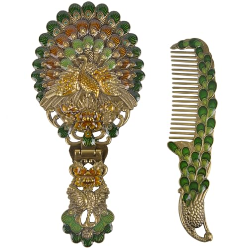 Nerien Vintage Antique Peacock Handheld Vanity Mirror with Comb, Metal Decorative Tabletop Stand, Travel Folding Handle Gift for Women, Bronze - color: D-green