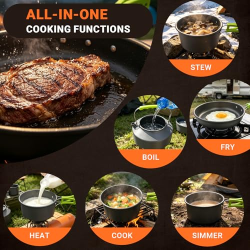 Vinid 20pcs Camping Cookware Mess Kit, Non-Stick Lightweight Pots Set with Stainless Steel Cups Plates Forks Knives Spoons, Portable Outdoor Cookware for Camping Backpacking Hiking and Picnic