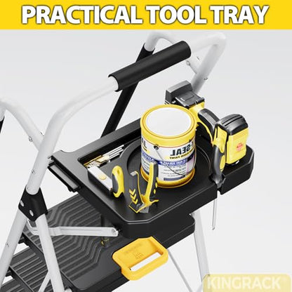 KINGRACK Folding 5-Step Ladder, 800 lbs Capacity Step Stool with Safety Lock, Tool Tray, Non-Skid Wide Steps, Handrail, Household Folding Ladder for Home, Garden, Painting, Outdoor, and Garage, White - size: 5-STEP