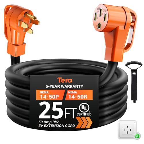 Tera 50 Amp RV & EV Extension Cord: 25 ft UL Listed 4 Prong Heavy Duty 6/3 + 8/1 Gauge STW RV Power Cord with Grip Handle Cord Organizer NEMA 14-50P to 14-50R for Tesla J1772 - size: 25FT, style: NEMA 14-50P