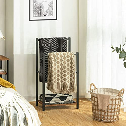 HOOBRO Free Standing Towel Rack for Bathroom, 2 Tier Blanket Rack, 16.5" L x 9.4" W x 31.5" H, Blanket Holder, Drying and Display Rack with Shelf, Rustic Brown and Black BF02LB01 - size: 16.5"L x 9.4"W x 31.5"H
