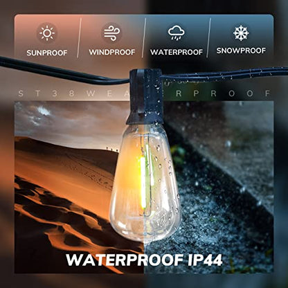 Achin Outdoor String Lights - 50ft LED Dimmable ST38 Warm Edison String Lights, Waterproof, Shatterproof, Connectable, Patio, Pergola, Bistro, Garden, Wedding, 2 Year Warranty - color: ST38-Black-2200K, size: 50FT 25 Bulbs