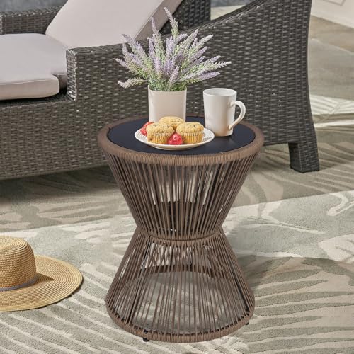 SUNNYPARK Outdoor Side Table 20'' H Small End Tables Woven Rope Weather Resistant with Glass Top Round Coffee Table for Indoor Balcony Patio Poolside (Brown) - color: Brown