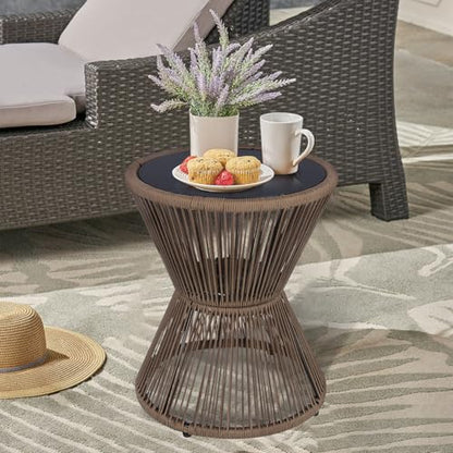 SUNNYPARK Outdoor Side Table 20'' H Small End Tables Woven Rope Weather Resistant with Glass Top Round Coffee Table for Indoor Balcony Patio Poolside (Brown) - color: Brown