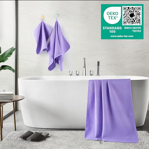 POLYTE 430 GSM Microfiber Quick Dry Lint Free Oversize Bath Towel Set, 6 Piece (Waffle Weave) - color: Purple