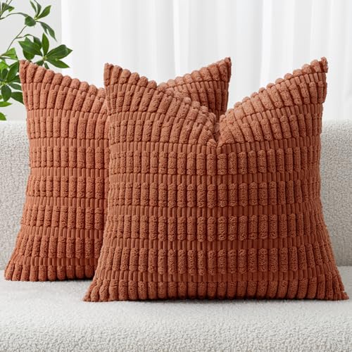 MIULEE Pack of 2 Dark Rust Corduroy Decorative Pillow Covers 16x16 Inch Soft Boho Striped Throw Pillow Covers Modern Farmhouse Home Decor for Summer Sofa Living Room Couch Bed - color: Dark Rust, size: 16" x 16" (Pack of 2)