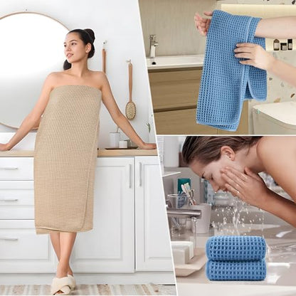 POLYTE 430 GSM Microfiber Quick Dry Lint Free Oversize Bath Towel Set, 6 Piece (Waffle Weave) - color: Beige,blue