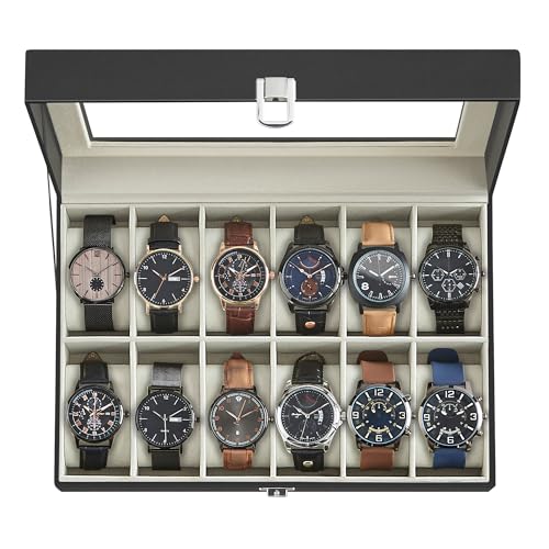 SONGMICS Watch Box, 12-Slot Watch Case Organizer with Large Glass Lid, Removable Pillows, Fathers Day Gift for Dad, Black Synthetic Leather, Greenish Beige Lining UJWB12BE - color: Black + Greenish Beige, size: 12 Slot
