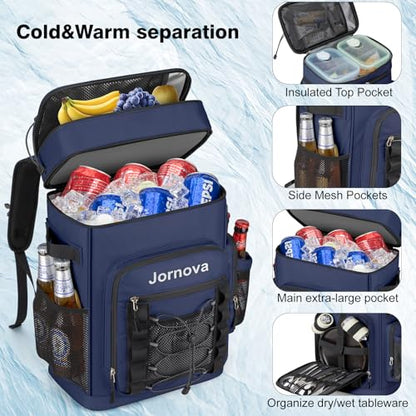 Insulated Cooler Backpack, 35L Leakproof Backpack with Double Compartments for Men & Women, Large Lunch Cooler for Camping, Beach, Travel, Picnic, Up to 48 Cans - color: Blue