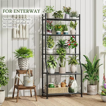 Ekisemio 5-Tier Plant Stands Outdoor with Hooks, Metal 63.5" Tall Plant Shelves Indoor for Hanging Planter, Black
