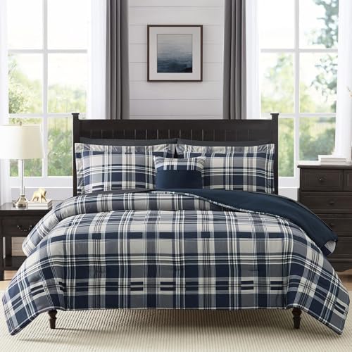 MaiRêve Queen Size Comforter Set Navy Blue, Classic Plaid Farmhouse 7 Pieces Bedding Set, All Season Lightweight Bed in a Bag with Sheets, Pillowcases & Shams - color: Navy Blue, size: Queen