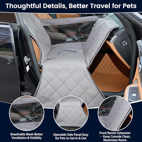 Front Seat Dog Car Seat for Small/Medium Dogs with Door Protection – Full Coverage Waterproof Pet Booster Seat with Mesh Window, Zippered Side Flaps, Safety Buckle, Grey Linen Fabric