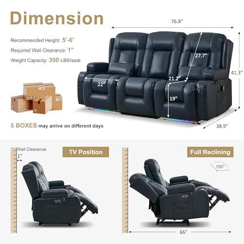 URRED Power Loveseat Recliner Sofa with Massage and Heat, Wall Hugger Reclining Loveseat with Console, RV Couch Home Theater Seating with LED Lights for Living Room (Dark Blue, 76.8" - 3 Seats) - color: Dark Blue, size: 76.8" - 3 Seats