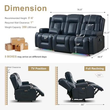 URRED Power Loveseat Recliner Sofa with Massage and Heat, Wall Hugger Reclining Loveseat with Console, RV Couch Home Theater Seating with LED Lights for Living Room (Dark Blue, 76.8" - 3 Seats) - color: Dark Blue, size: 76.8" - 3 Seats
