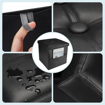 Bsketa Storage Ottoman Foot Rest Stool, Small Leather Storage Ottomans Bench, Folding Footstool with Side Pockets, Foot Rest Under Desk for Living Room Bedroom, 15x15x15 in, Black - color: Black-with Side Pockets