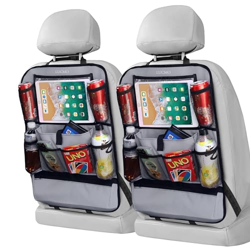 LUCMO Car Backseat Organizer with Touch Screen Tablet Holder, Grey | 2 Pcs,9 Storage Pockets,Clear Tablet Holder,Protectors Kick Mats,Travel Accessories,Seat Cover,Road Trip Essentials - color: Grey-1, size: 2 Pack