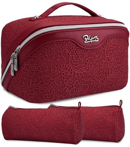 BOYATU Travel Makeup Bags Cosmetic Organizer Bag: 3 Pcs Set Large Capacity Make up Bag with Compartments - Waterproof Leather Toiletry Bags with Handle for Women (A-Red) - color: A-Red