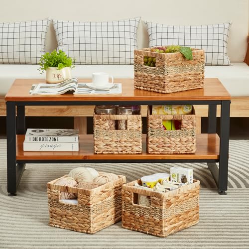 Bagnizer Water Hyacinth Wicker Basket, Decorative Woven Baskets with Built-in Handles, Hand-woven Storage Organizer for Organizing Pantry, Livingroom, Bedroom, Shelves, Toilet(2-PACK, Blended)