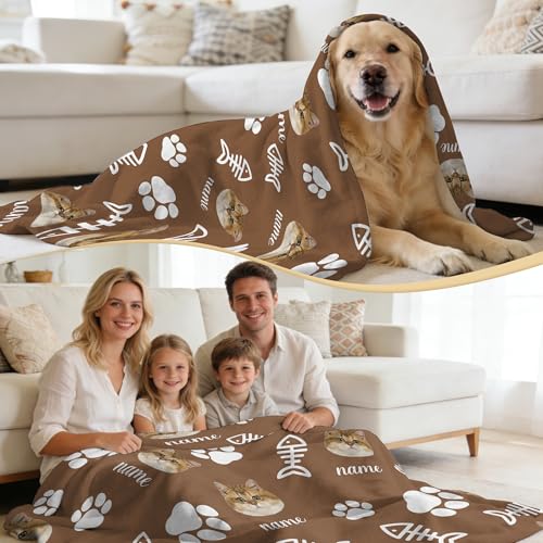 Personalized Cat Face Blanket with Paw Bones, Custom Pet Memorial Blankets, Personalized Cats Blankets with Name Face, Customized Throw Blanket Gifts for Pet Lovers Cat Dad Mom - color: Design11