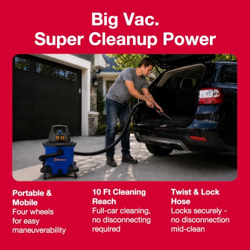 Koblenz WD-12 L4 Wet Dry Vacuum Cleaner, 12 Gallon 5.5 PHP, 3-in-1 Suction & Blower, 32 ft Reach, Drain Plug, Large Vacuum Cleaner for Car, Shop Vacuum Wet and Dry, Click-N-Lock Hose, Blue/Black - size: 12 Gallon 5.5 HP