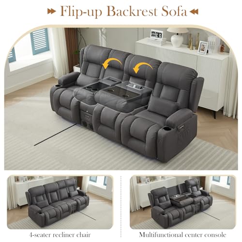 TUNYI Power Loveseat Recliner Sofa with Massage & Heat Home Theater Seating with Console RV Recliner Loveseat Sofa with USB/Storage/Side Pocket/LED Light/Speaker (Dark Grey) - color: Dark Grey, size: 3 Seat with console