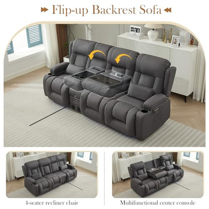 TUNYI Power Loveseat Recliner Sofa with Massage & Heat Home Theater Seating with Console RV Recliner Loveseat Sofa with USB/Storage/Side Pocket/LED Light/Speaker (Dark Grey) - color: Dark Grey, size: 3 Seat with console