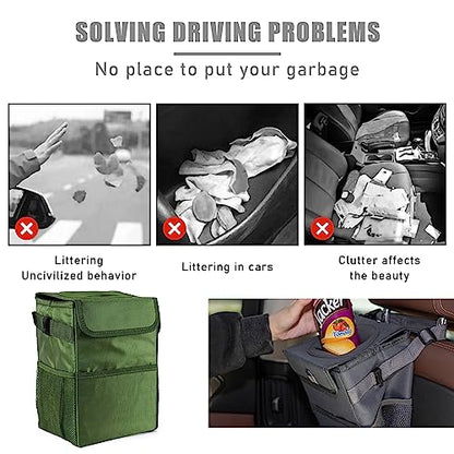 Kewucn Car Trash Can with Lid, Waterproof Mini Auto Garbage Can, Leak-Proof Vehicle Organizer and Storage Pockets, Hanging Collapsible Trash Bin, Universal Accessories for Most Cars (Army Green)