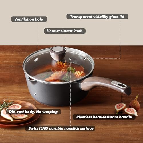 SENSARTE 1.5 & 2.5 Quart Sauce Pan Sets with Lid, Cooking Pots Set, Nonstick Saucepan Set with Pour Spout, Small Kitchen Pot, Non toxic Saucepot, Induction Comptable, Easy to Clean, PFOA Free - color: Classic Black, size: 1.5 + 2.5 Quarts