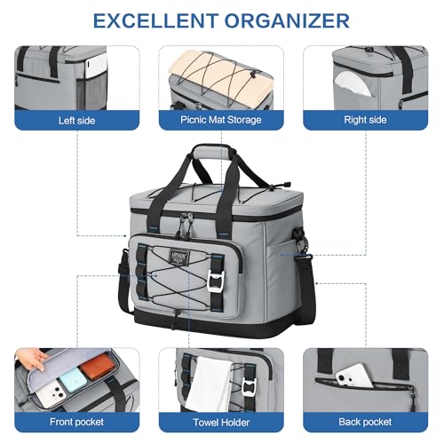 Large Insulated Cooler Bag, 50 Can Soft Sided Collapsible Ice Chest for Camping, Travel, Grocery, Kayaking & Beach (Waterproof, Leak-Proof, 30L) - color: Gray