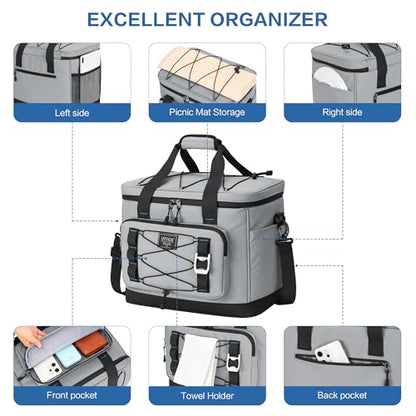 Large Insulated Cooler Bag, 50 Can Soft Sided Collapsible Ice Chest for Camping, Travel, Grocery, Kayaking & Beach (Waterproof, Leak-Proof, 30L) - color: Gray
