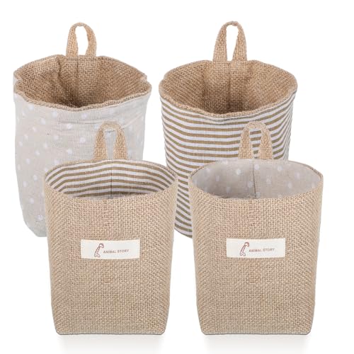 2 Pack Hanging Basket for Door, Small Jute Wall Storage, Hanging Storage Bags Cotton Linen Boho Camper Decor for Keys, Flower Plants, Wallet