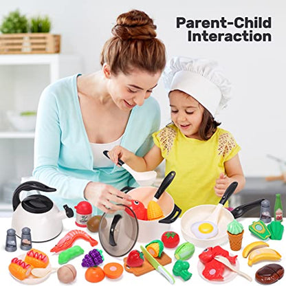 CUTE STONE Play Kitchen Accessories Toy, Play Food Sets for Kids Kitchen, Pretend Kitchen Set for Kids with Play Pots, Pans, Toddler Kitchen Playset Kitchen Toys for Girls Boys - style: White Cooking Set